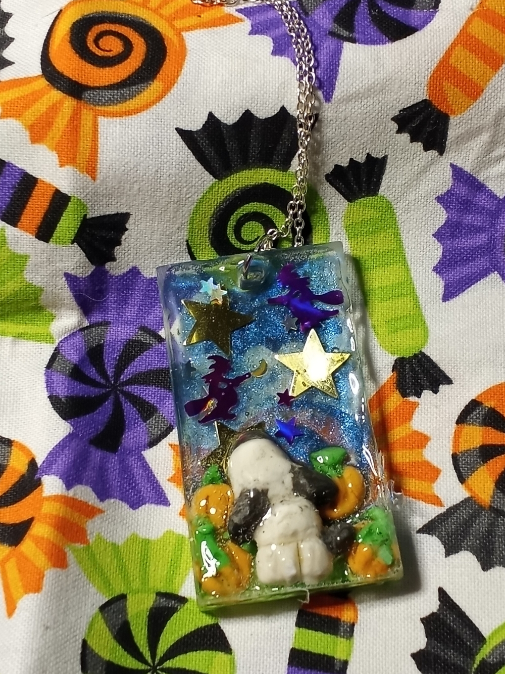 Handmade Halloween Puppy Pendant Necklace , A Pumpkin Patch At Midnight